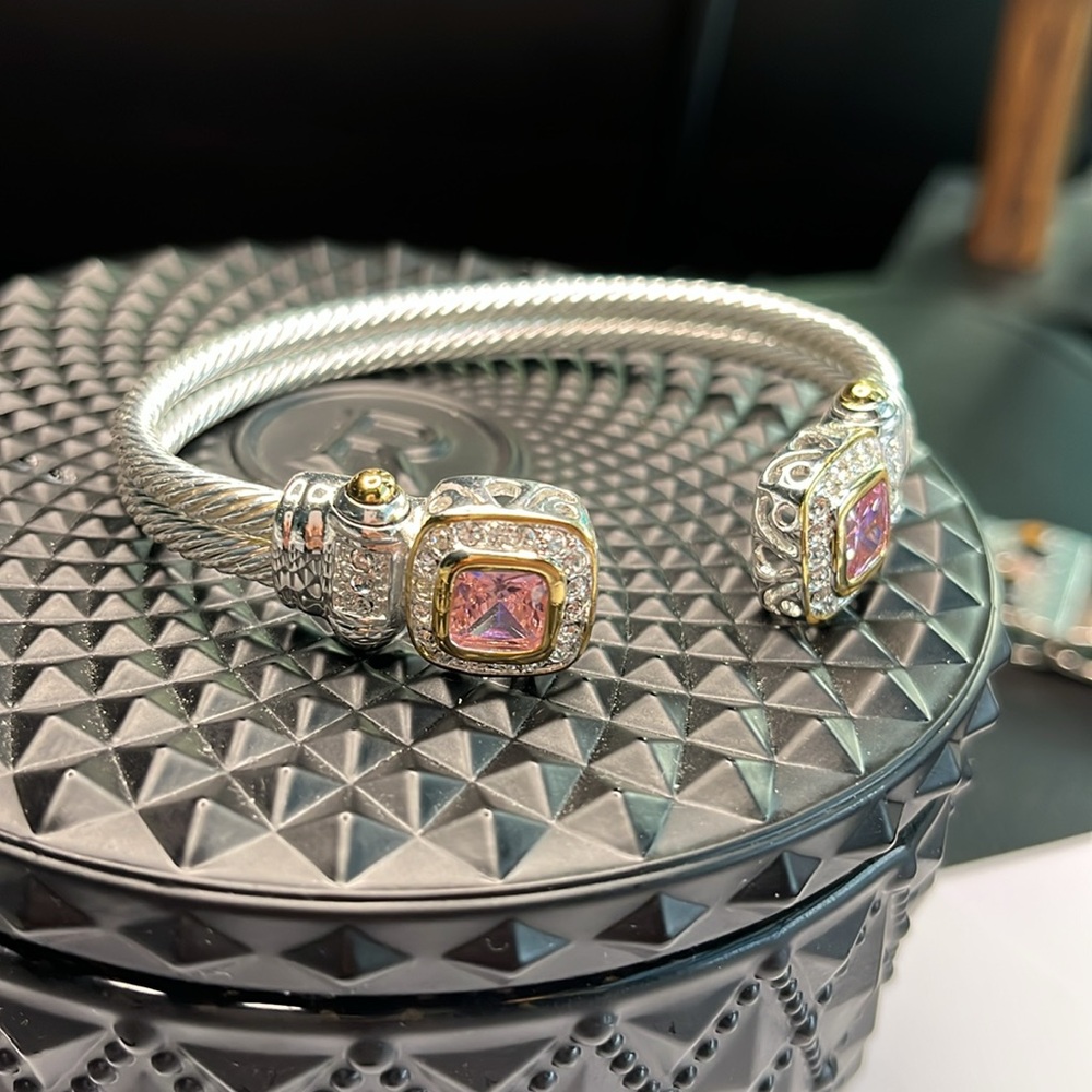 Estate Designer Silver / Gold Pink Crystals Rhinestones Bracelet Iconic Design